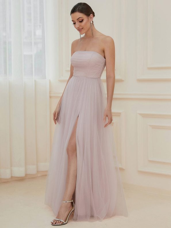 Strapless Ruched Tulle High Slit Floor-Length Evening Dress - Lilac