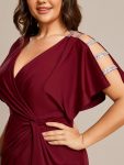 Pleated High Slit Hollow Out Sequin Sleeve V-Neck Formal Evening Dress – Burgundy