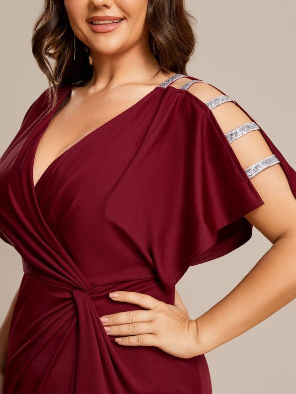 Pleated High Slit Hollow Out Sequin Sleeve V-Neck Formal Evening Dress - Burgundy