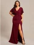 Pleated High Slit Hollow Out Sequin Sleeve V-Neck Formal Evening Dress – Burgundy