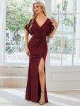 Pleated High Slit Hollow Out Sequin Sleeve V-Neck Formal Evening Dress – Burgundy