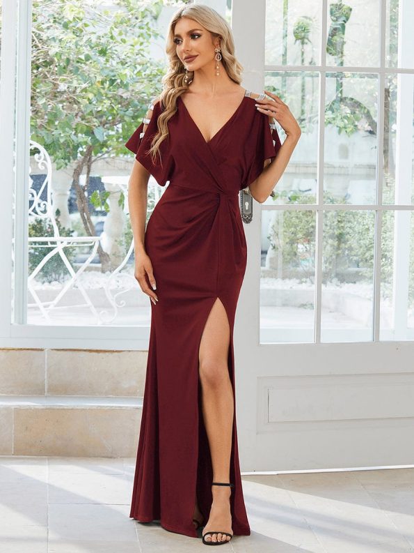 Pleated High Slit Hollow Out Sequin Sleeve V-Neck Formal Evening Dress - Burgundy