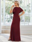 Pleated High Slit Hollow Out Sequin Sleeve V-Neck Formal Evening Dress – Burgundy