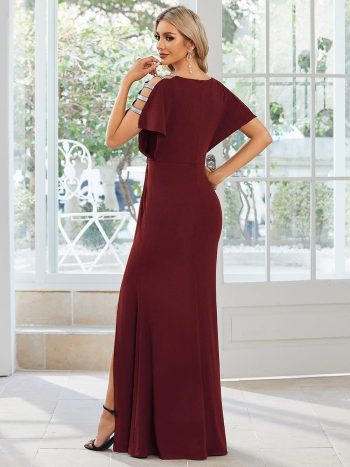 Pleated High Slit Hollow Out Sequin Sleeve V-Neck Formal Evening Dress - Burgundy