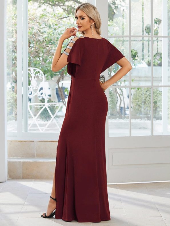 Pleated High Slit Hollow Out Sequin Sleeve V-Neck Formal Evening Dress - Burgundy