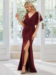 Pleated High Slit Hollow Out Sequin Sleeve V-Neck Formal Evening Dress – Burgundy