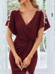 Pleated High Slit Hollow Out Sequin Sleeve V-Neck Formal Evening Dress – Burgundy