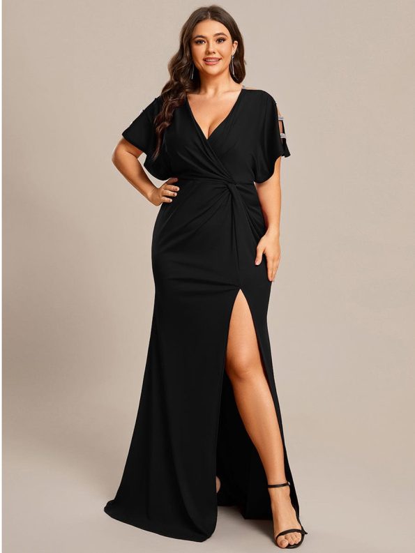 Pleated High Slit Hollow Out Sequin Sleeve V-Neck Formal Evening Dress - Black