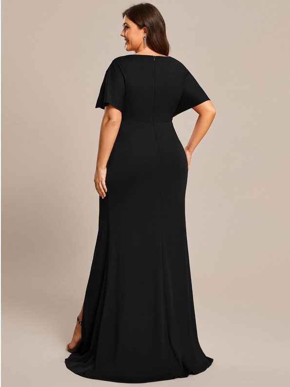 Pleated High Slit Hollow Out Sequin Sleeve V-Neck Formal Evening Dress - Black