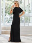 Pleated High Slit Hollow Out Sequin Sleeve V-Neck Formal Evening Dress – Black