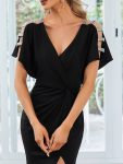 Pleated High Slit Hollow Out Sequin Sleeve V-Neck Formal Evening Dress – Black