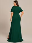 Pleated High Slit Hollow Out Sequin Sleeve V-Neck Formal Evening Dress – Dark Green