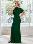 Pleated High Slit Hollow Out Sequin Sleeve V-Neck Formal Evening Dress – Dark Green