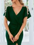 Pleated High Slit Hollow Out Sequin Sleeve V-Neck Formal Evening Dress – Dark Green