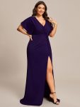 Pleated High Slit Hollow Out Sequin Sleeve V-Neck Formal Evening Dress – Dark Purple