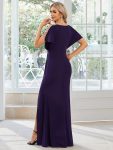 Pleated High Slit Hollow Out Sequin Sleeve V-Neck Formal Evening Dress – Dark Purple