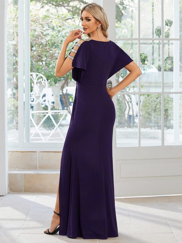 Pleated High Slit Hollow Out Sequin Sleeve V-Neck Formal Evening Dress - Dark Purple