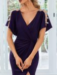 Pleated High Slit Hollow Out Sequin Sleeve V-Neck Formal Evening Dress – Dark Purple