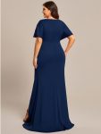 Pleated High Slit Hollow Out Sequin Sleeve V-Neck Formal Evening Dress – Navy Blue