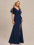 Pleated High Slit Hollow Out Sequin Sleeve V-Neck Formal Evening Dress – Navy Blue