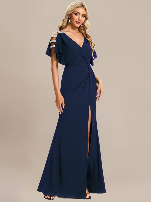 Pleated High Slit Hollow Out Sequin Sleeve V-Neck Formal Evening Dress - Navy Blue