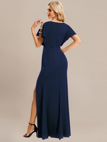 Pleated High Slit Hollow Out Sequin Sleeve V-Neck Formal Evening Dress - Navy Blue