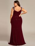 Plus Size Glitter V-Neck High Slit Sequin Shoulder Strap Evening Dress – Burgundy