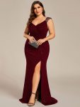 Plus Size Glitter V-Neck High Slit Sequin Shoulder Strap Evening Dress – Burgundy