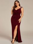 Plus Size Glitter V-Neck High Slit Sequin Shoulder Strap Evening Dress – Burgundy