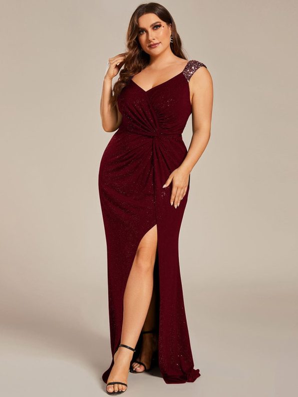 Glitter V-Neck High Slit Sequin Shoulder Strap Evening Dress - Burgundy