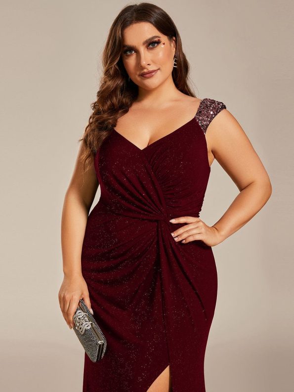 Glitter V-Neck High Slit Sequin Shoulder Strap Evening Dress - Burgundy