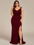 Plus Size Glitter V-Neck High Slit Sequin Shoulder Strap Evening Dress – Burgundy