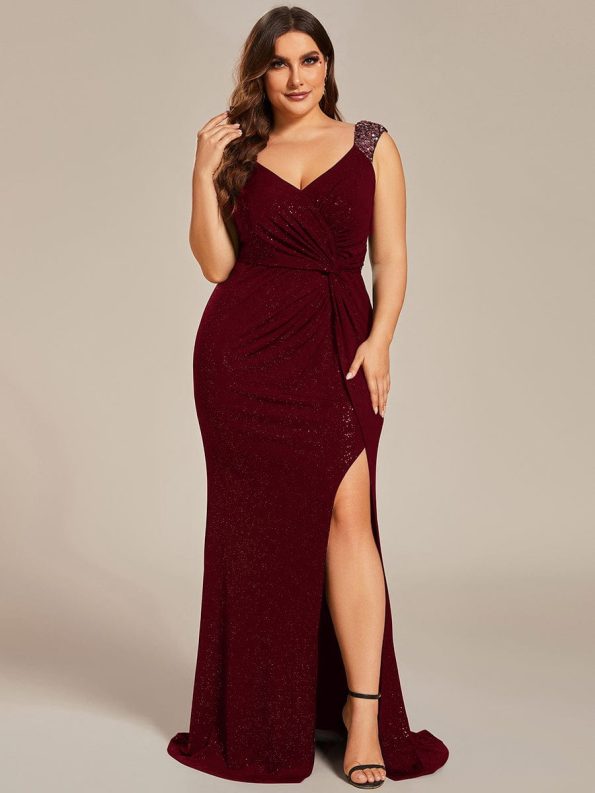 Plus Size Glitter V-Neck High Slit Sequin Shoulder Strap Evening Dress - Burgundy