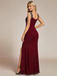 Glitter V-Neck High Slit Sequin Shoulder Strap Evening Dress – Burgundy