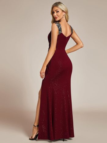 Glitter V-Neck High Slit Sequin Shoulder Strap Evening Dress - Burgundy