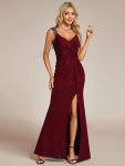 Glitter V-Neck High Slit Sequin Shoulder Strap Evening Dress - Burgundy