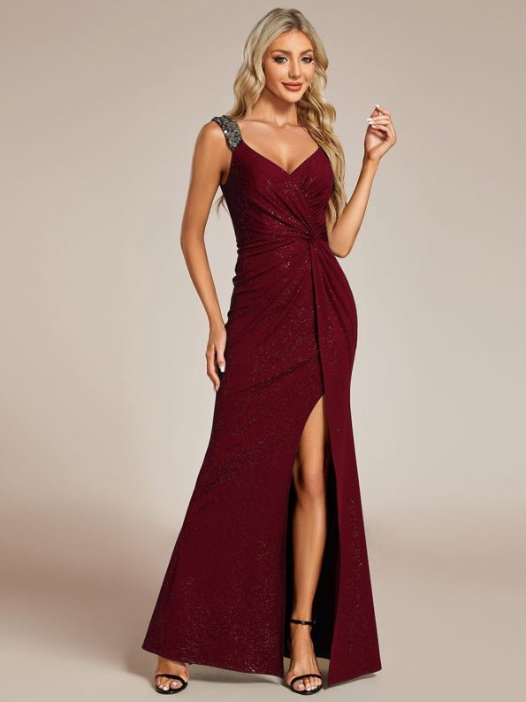 Glitter V-Neck High Slit Sequin Shoulder Strap Evening Dress - Burgundy