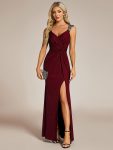 Glitter V-Neck High Slit Sequin Shoulder Strap Evening Dress – Burgundy