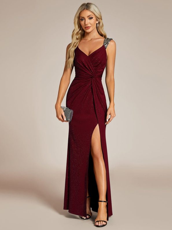 Glitter V-Neck High Slit Sequin Shoulder Strap Evening Dress - Burgundy