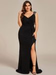 Plus Size Glitter V-Neck High Slit Sequin Shoulder Strap Evening Dress – Black