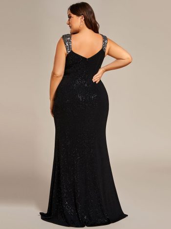 Plus Size Glitter V-Neck High Slit Sequin Shoulder Strap Evening Dress - Black