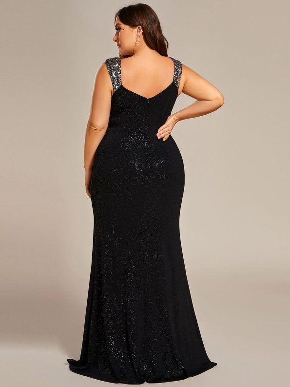 Glitter V-Neck High Slit Sequin Shoulder Strap Evening Dress - Black