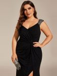 Plus Size Glitter V-Neck High Slit Sequin Shoulder Strap Evening Dress – Black