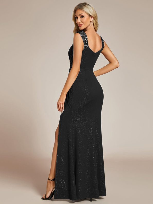 Glitter V-Neck High Slit Sequin Shoulder Strap Evening Dress - Black