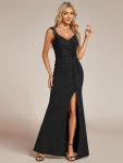 Glitter V-Neck High Slit Sequin Shoulder Strap Evening Dress – Black