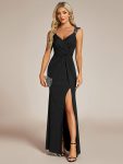 Glitter V-Neck High Slit Sequin Shoulder Strap Evening Dress – Black