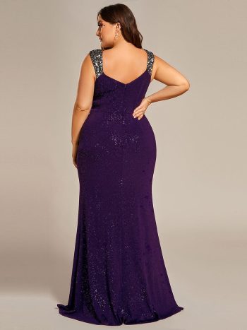 Plus Size Glitter V-Neck High Slit Sequin Shoulder Strap Evening Dress - Dark Purple