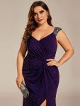 Plus Size Glitter V-Neck High Slit Sequin Shoulder Strap Evening Dress – Dark Purple