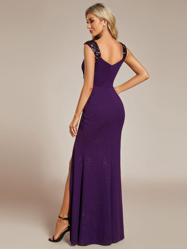 Glitter V-Neck High Slit Sequin Shoulder Strap Evening Dress - Dark Purple