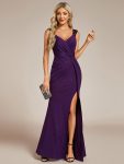 Glitter V-Neck High Slit Sequin Shoulder Strap Evening Dress – Dark Purple